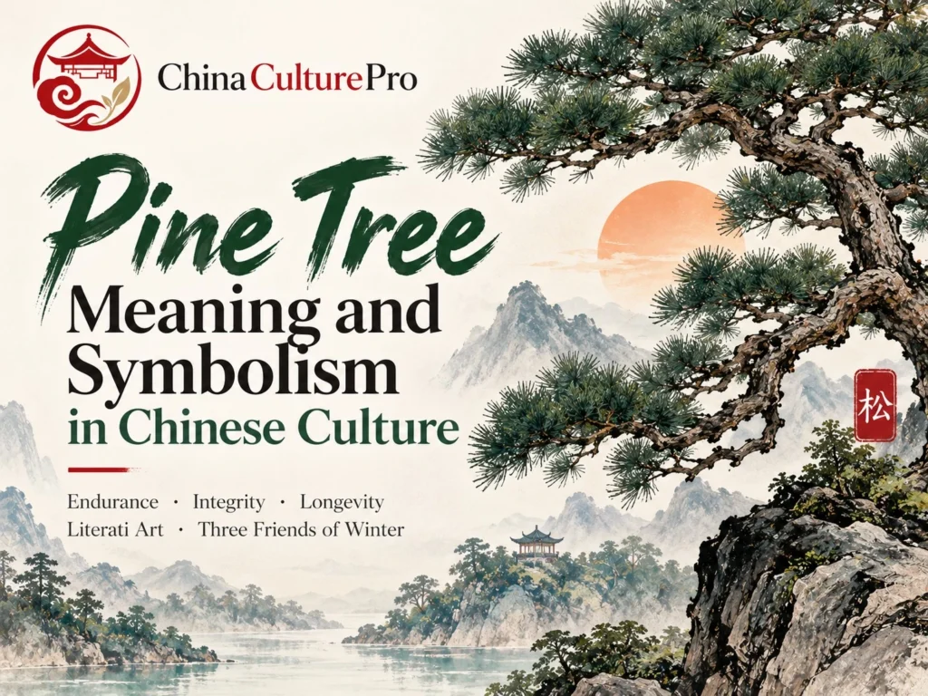 Pine Tree Meaning and Symbolism in Chinese Culture with evergreen pine mountains and Three Friends of Winter theme