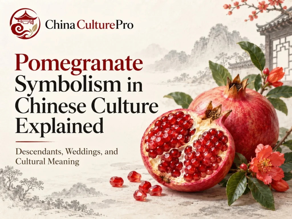 Simbolismo de la granada en la cultura china con granada abierta, semillas, flores y jardín tradicional