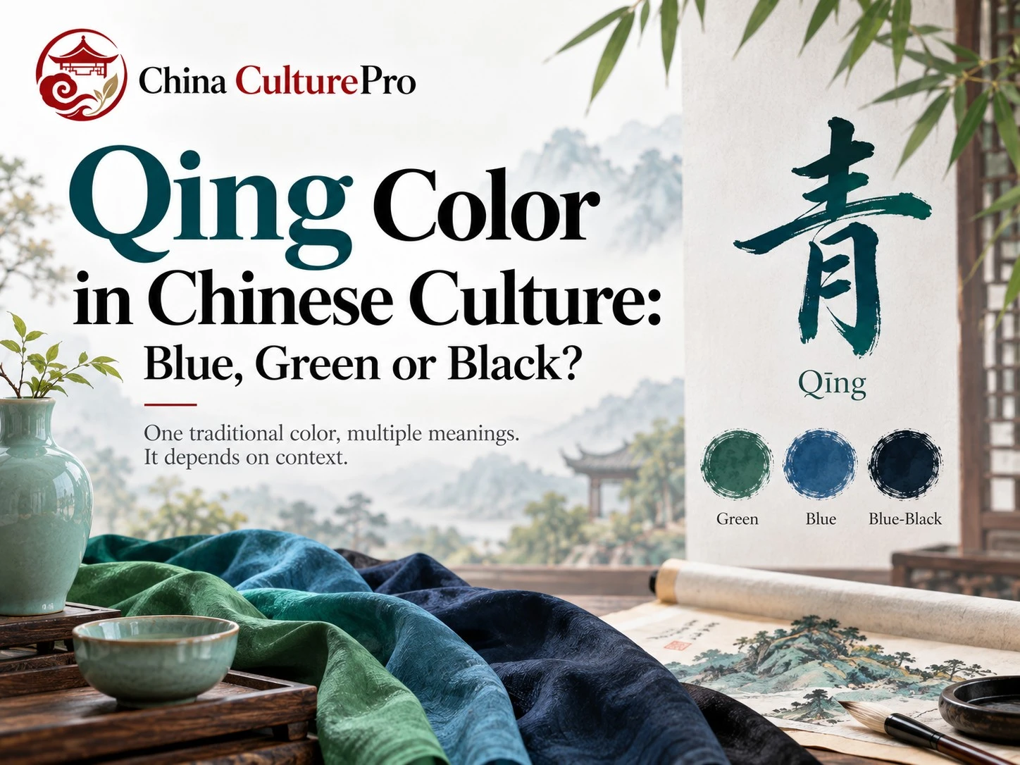 Qing Color in Chinese Culture Blue Green or Black with celadon ceramics color swatches and traditional painting