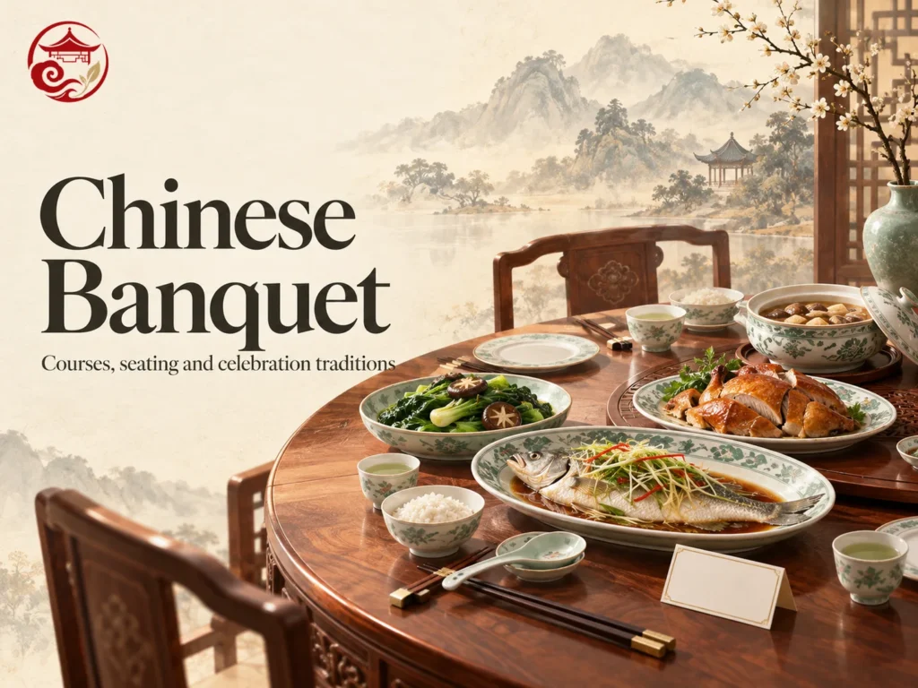Chinese Banquet Table with Shared Dishes Tea and Place Cards