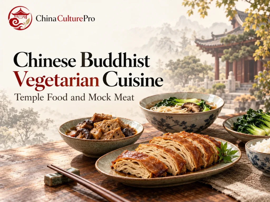 Chinese Buddhist vegetarian cuisine with tofu mushrooms and temple dishes
