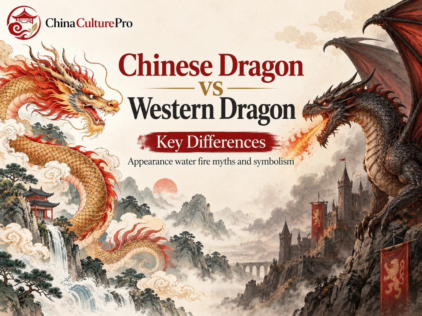 Principales différences entre dragon chinois serpentin et dragon européen ailé crachant du feu