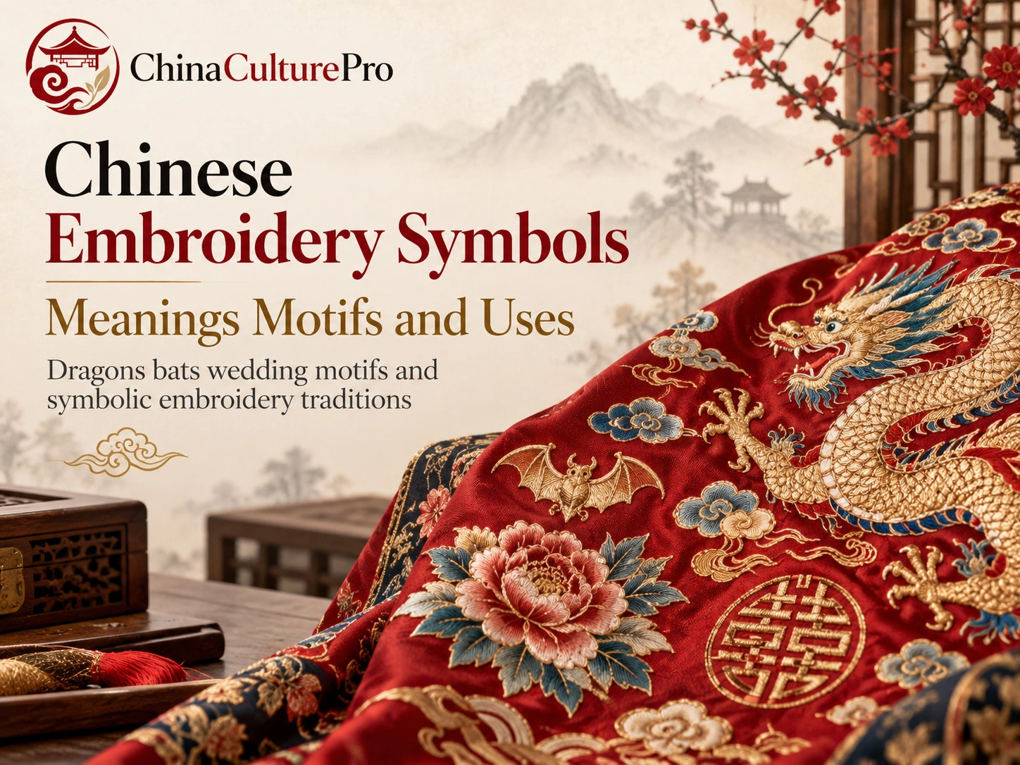 Symboles de la broderie chinoise significations motifs et usages avec broderies traditionnelles de dragon chauve-souris et fleurs