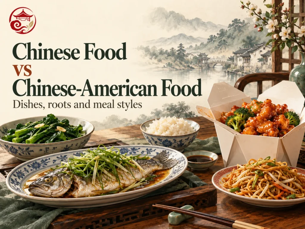 Comida china vs comida chino-estadounidense con pescado al vapor y pollo a la naranja