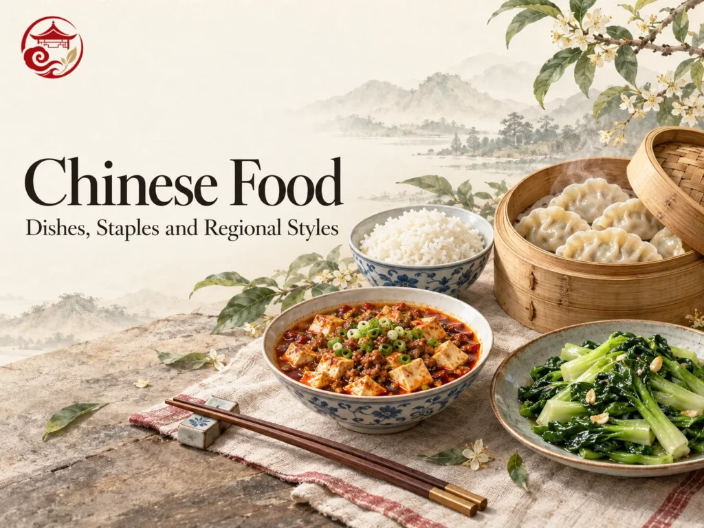米料理、餃子、豆腐、地域料理を並べた中国料理