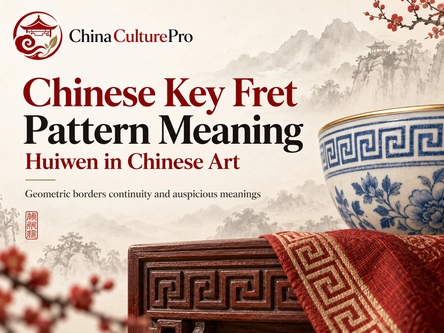 Signification du motif huiwen dans l’art chinois avec porcelaine bleue et blanche et bordures géométriques