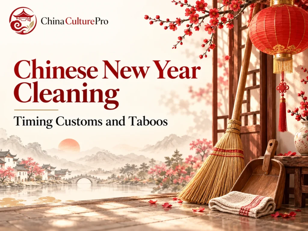 Nettoyage du Nouvel An chinois avec balai pelle et maison festive propre