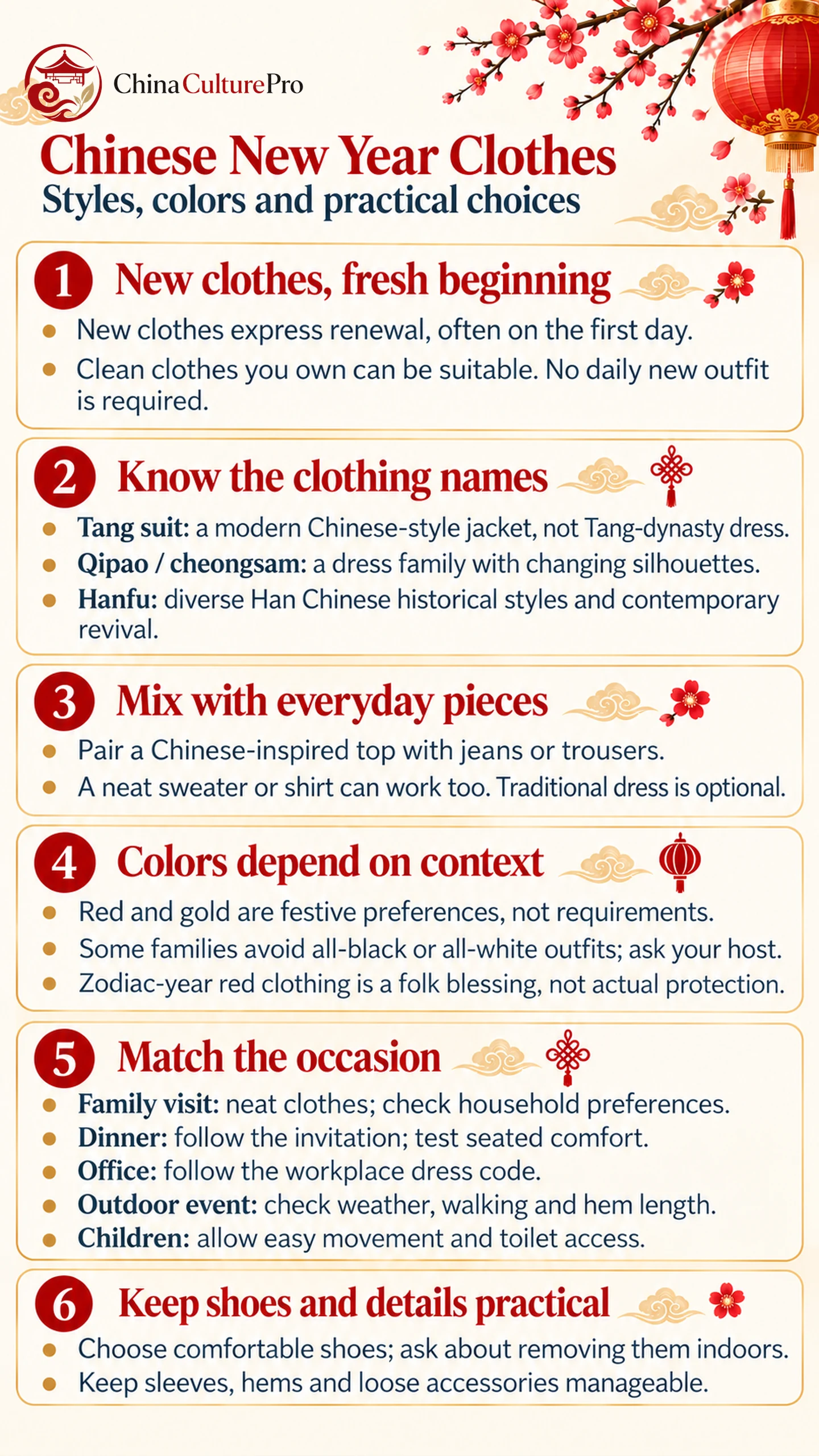 Chinese New Year Clothes infographic with styles colors and outfit checks