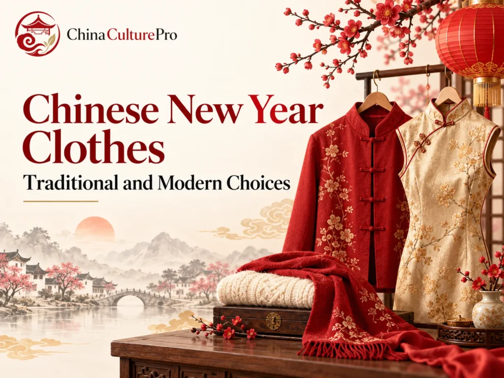 Chinese New Year Clothes with a red Tang jacket gold qipao and scarf
