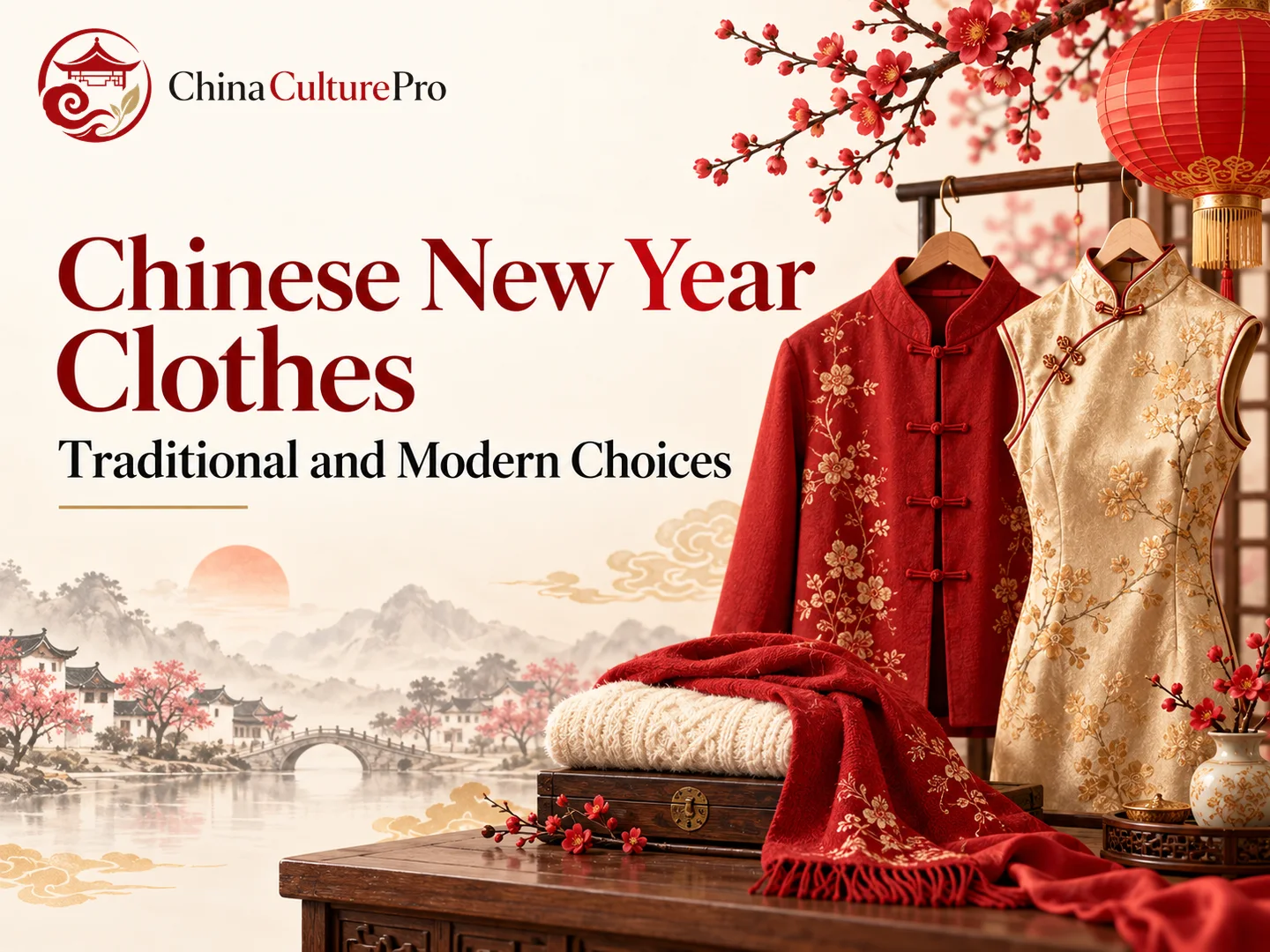 Chinese New Year Clothes with a red Tang jacket gold qipao and scarf