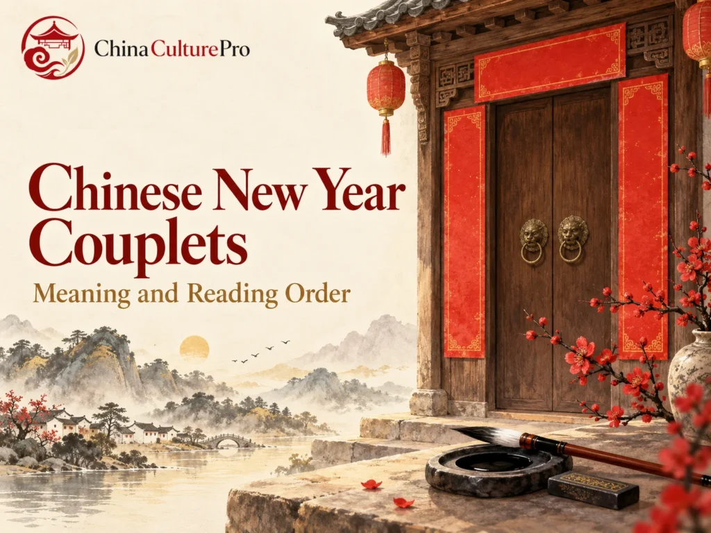 Chinese New Year Couplets beside a doorway with a calligraphy brush