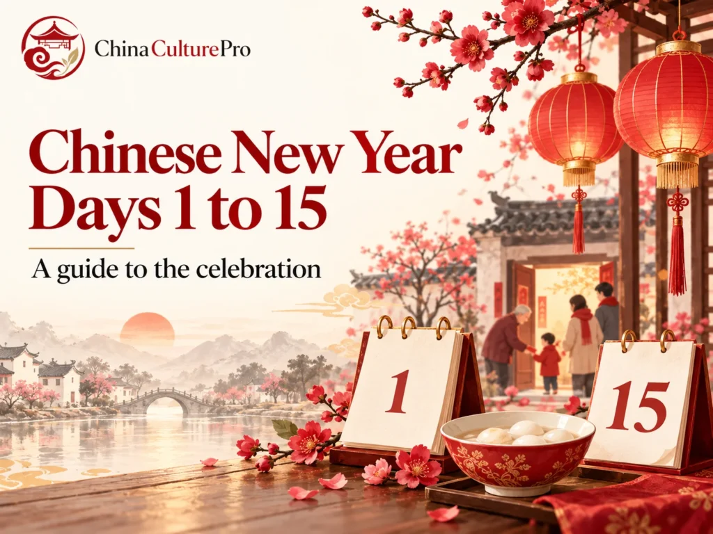 Jours 1 à 15 du Nouvel An chinois avec calendrier, lanternes et vœux en famille