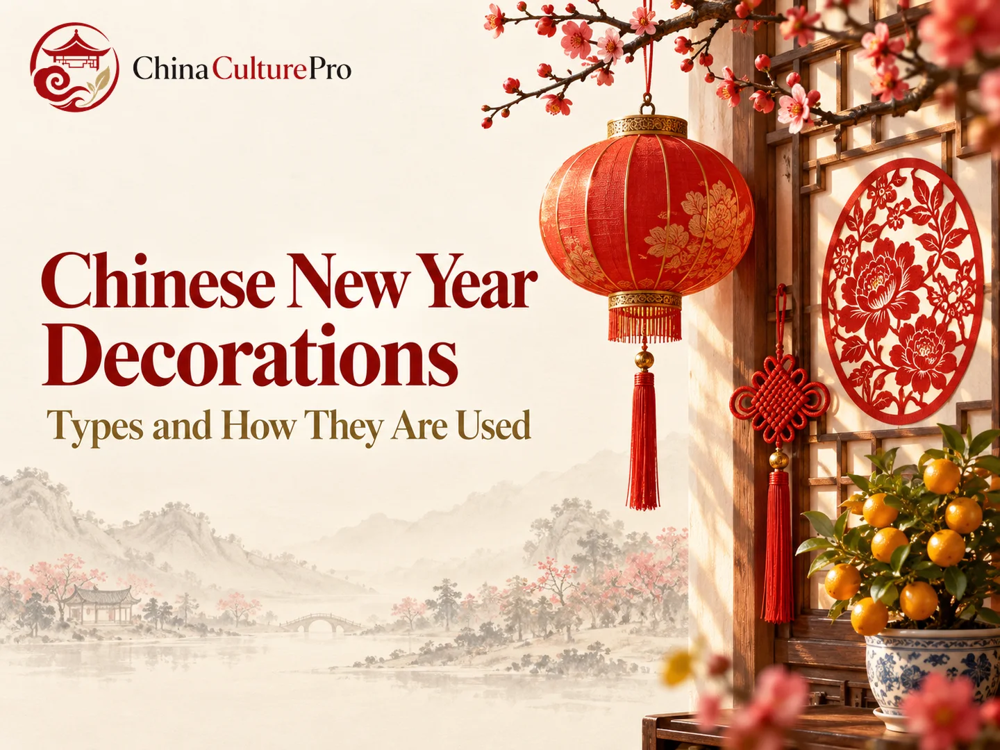 Chinese New Year Decorations with lantern paper cut knot and kumquat tree