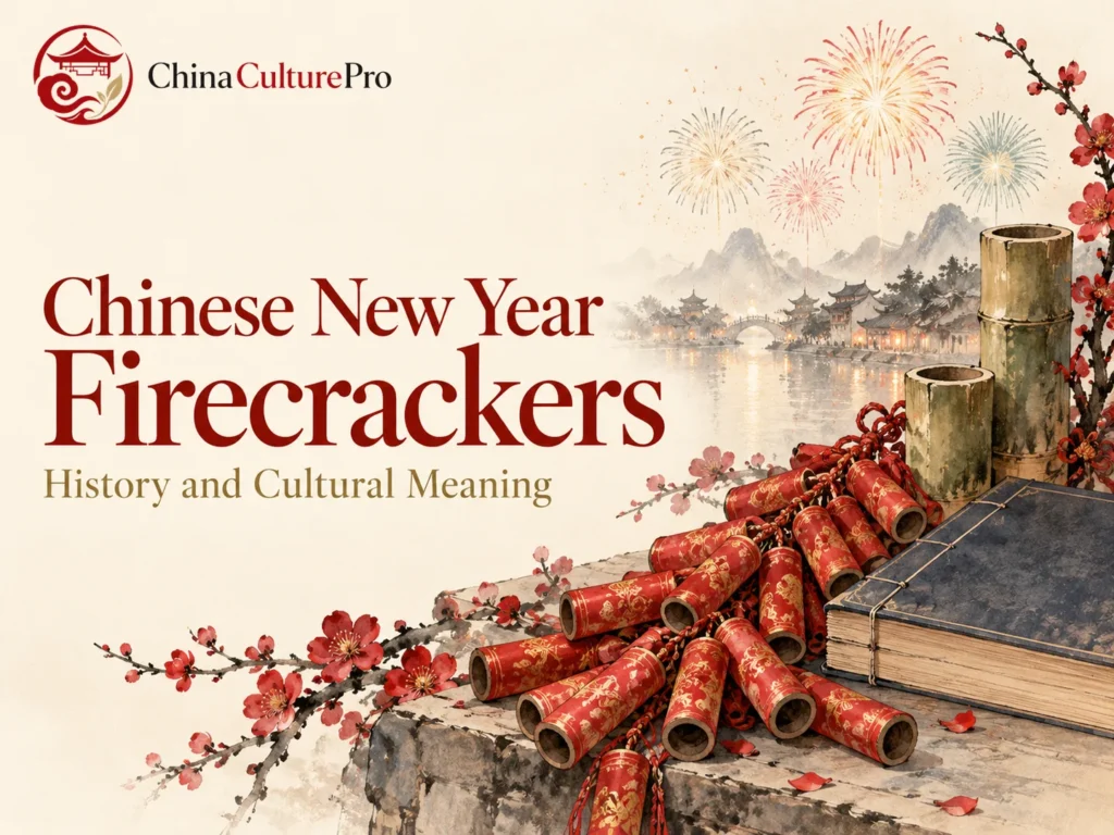 Pétards du Nouvel An chinois avec chapelets rouges livres sur le bambou et ciel festif
