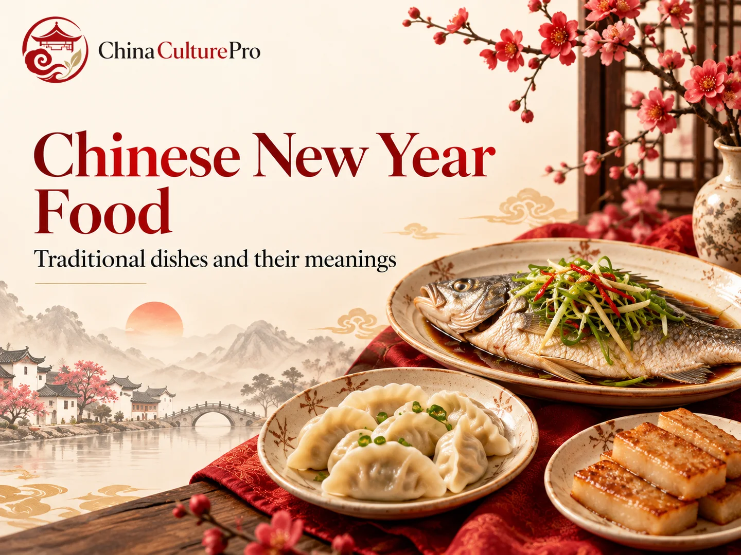 Cuisine du Nouvel An chinois avec poisson, raviolis et gâteaux de riz de fête