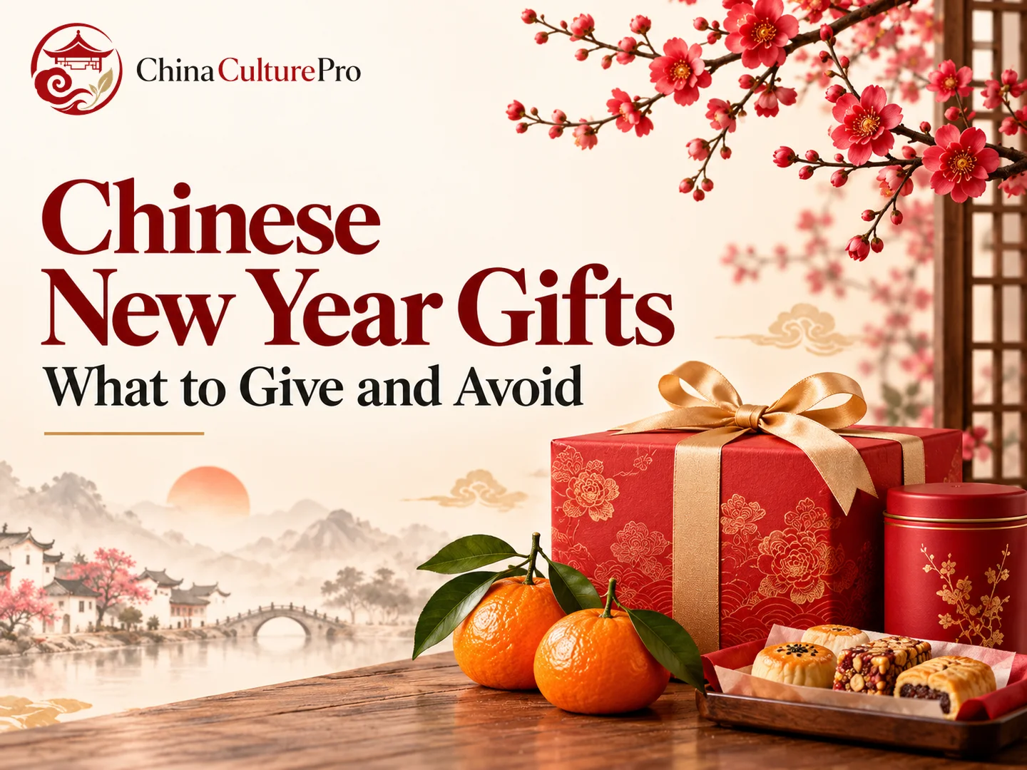 Chinese New Year Gifts with red gift box tea and mandarin oranges