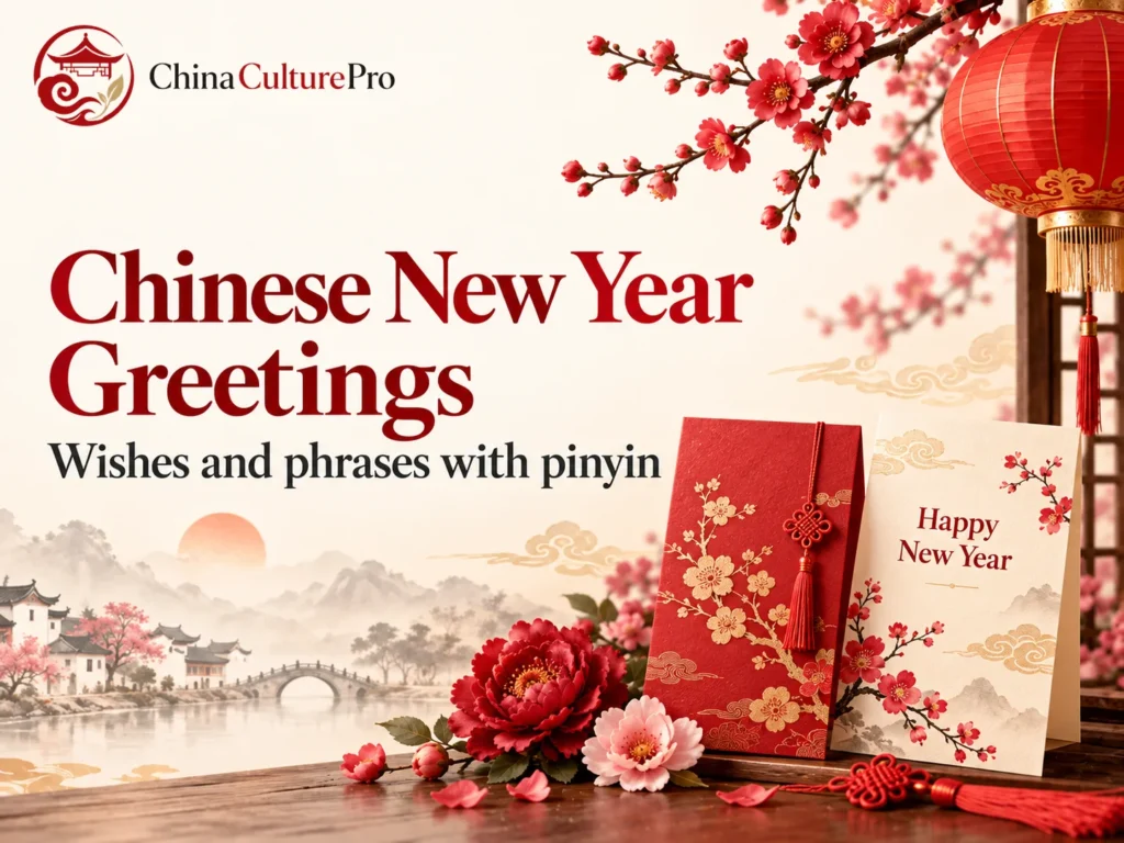 Vœux du Nouvel An chinois avec cartes festives, lanternes et fleurs de prunier