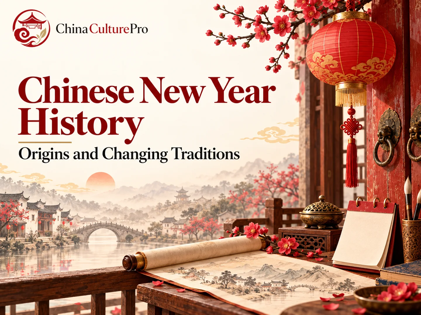 Chinese New Year History with a scroll and lantern by a traditional doorway
