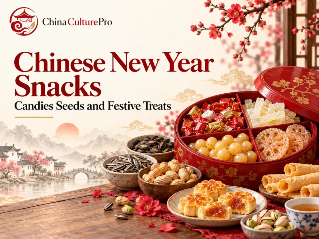 Aperitivos del Año Nuevo chino con dulces semillas frutos secos y pasteles festivos