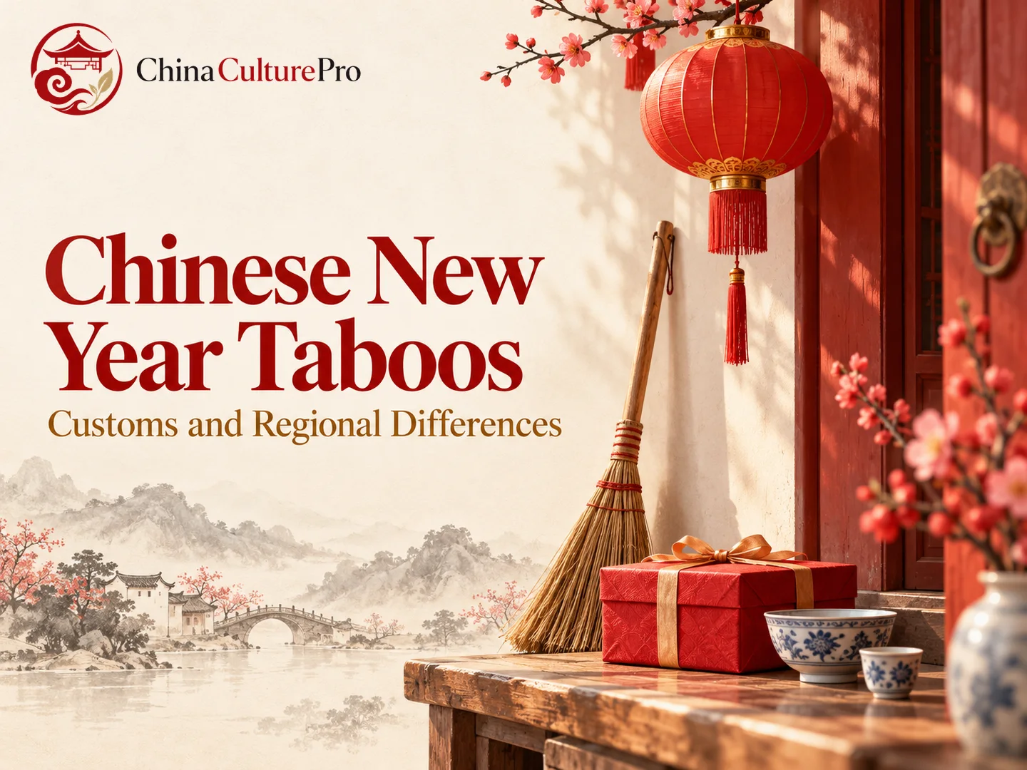 Chinese New Year Taboos with broom gift box and festive doorway