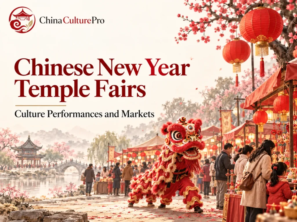 Foires des temples du Nouvel An chinois avec danseurs du lion, lanternes et stands de marché