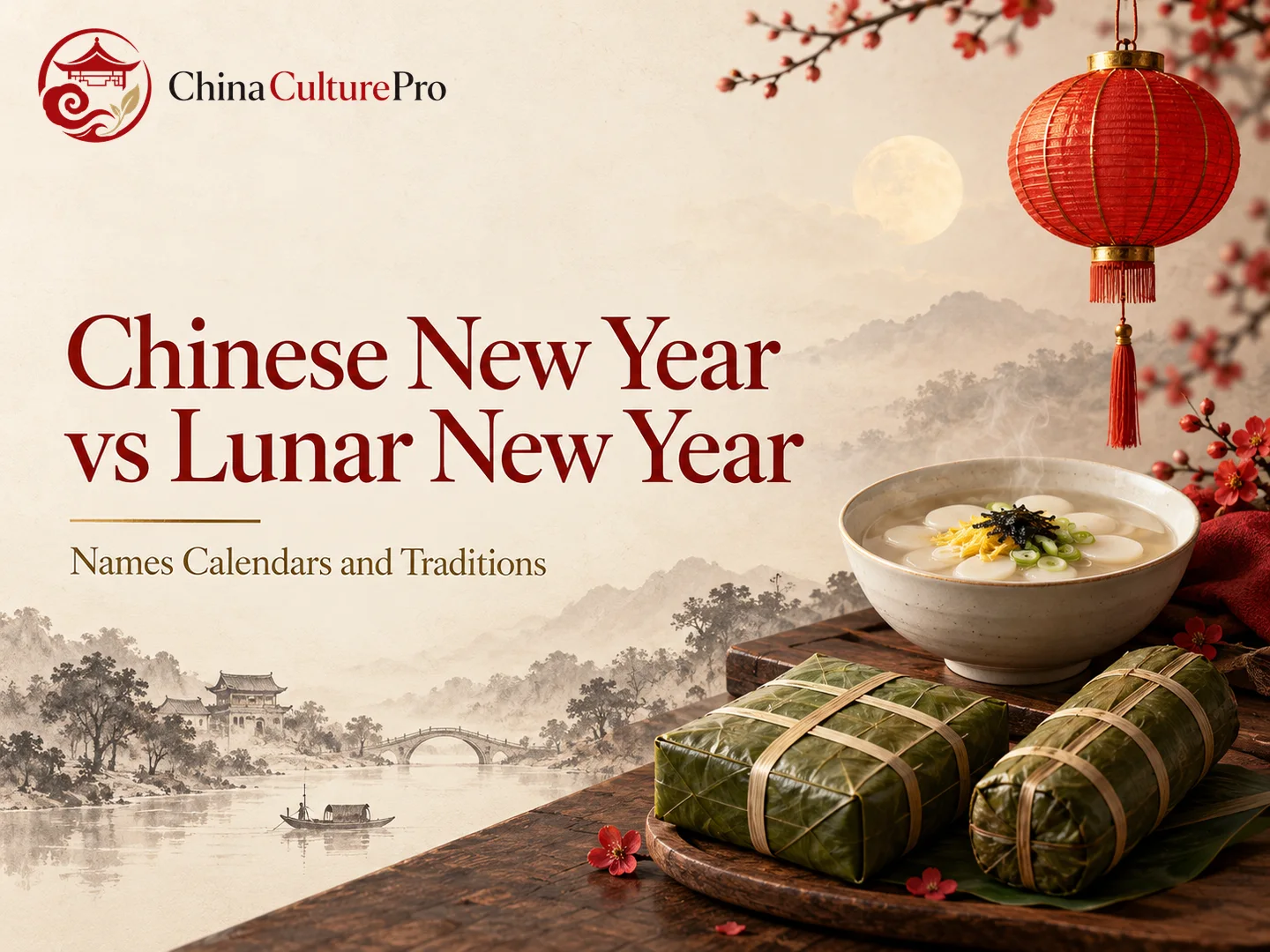 Nouvel An chinois et Nouvel An lunaire avec lanterne, gâteau de riz, soupe et gâteaux enveloppés