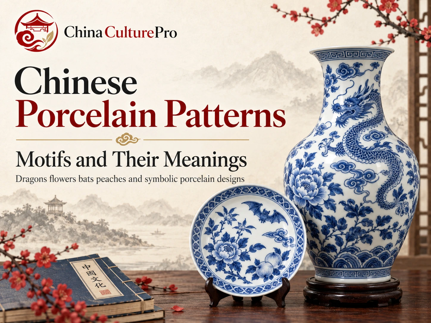 Décors de la porcelaine chinoise motifs et significations avec dragon bleu et blanc fleurs et pêches