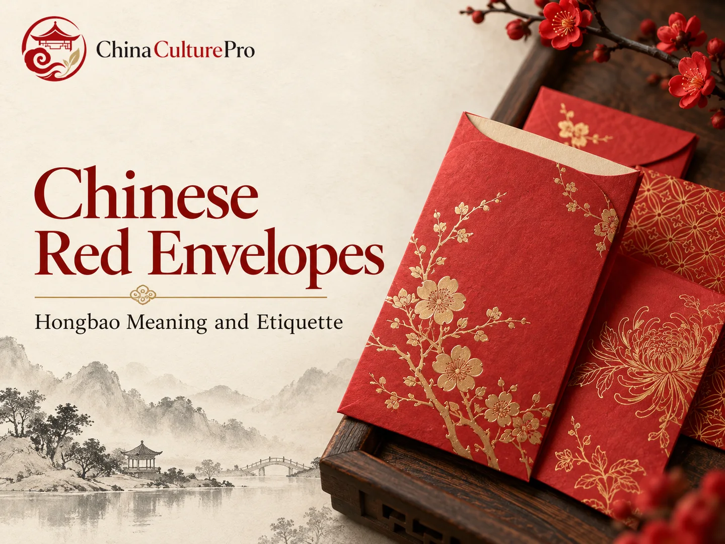 Enveloppes rouges chinoises à motifs dorés illustrant la signification du hongbao et les règles de savoir-vivre