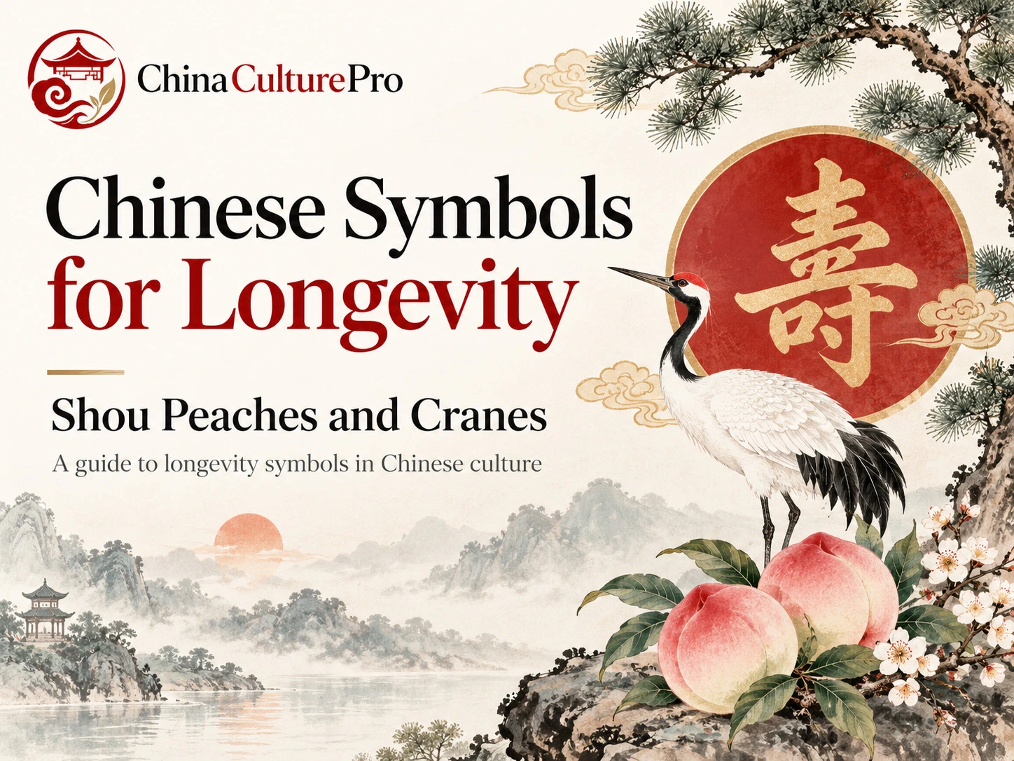 Symboles chinois de longévité Shou pêches et grues avec pins traditionnels et motifs de longévité