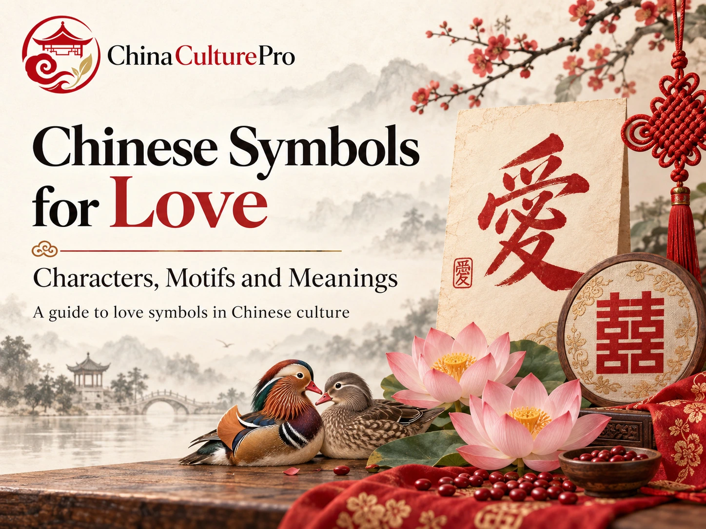 Symboles chinois de l’amour caractères motifs et significations avec canards mandarins Double Bonheur lotus et graines rouges