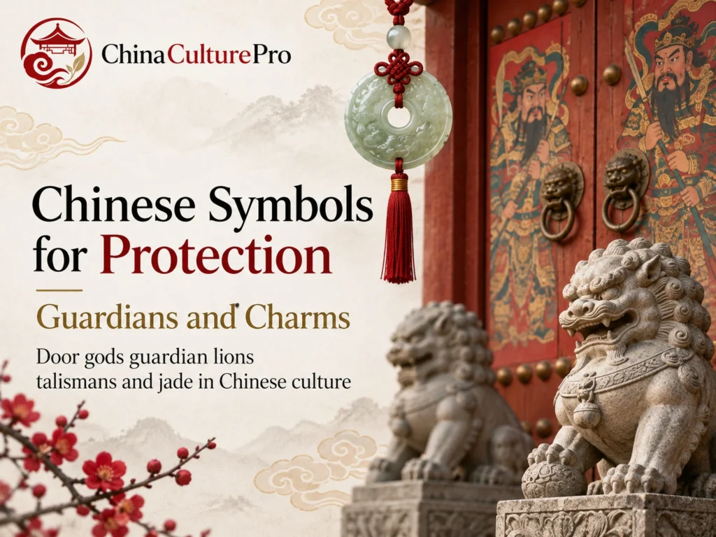 Símbolos chinos de protección con dioses tradicionales de las puertas leones guardianes y adornos de jade