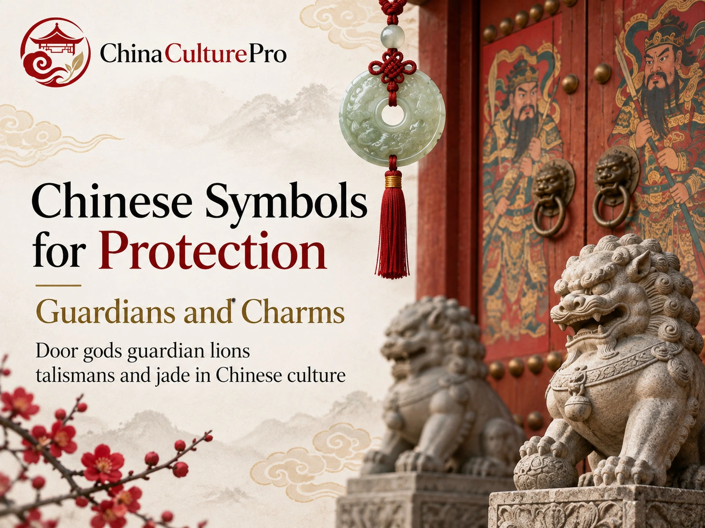 Symboles chinois de protection avec dieux traditionnels des portes lions gardiens et ornements en jade