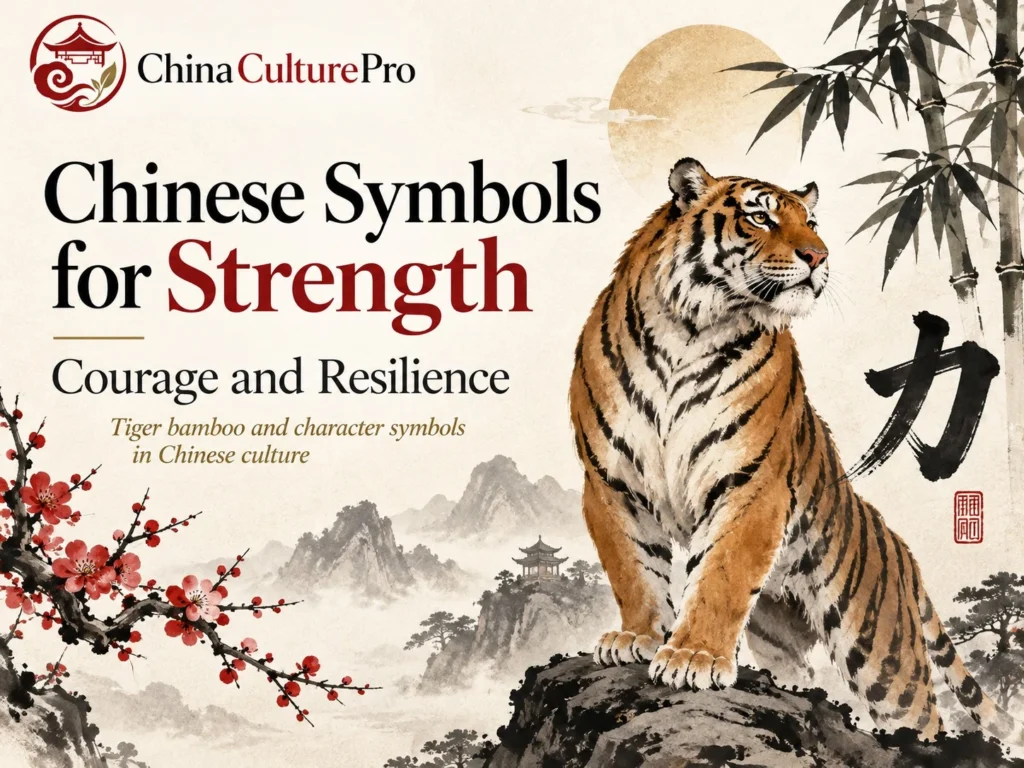 Symboles chinois de force Courage et résilience avec tigre bambou et calligraphie du caractère Li
