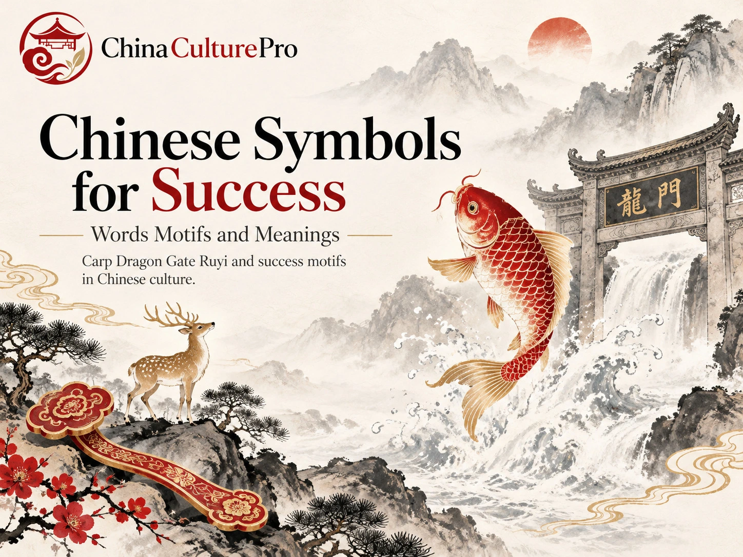 Symboles chinois de la réussite mots motifs et significations avec carpe franchissant la Porte du Dragon Ruyi et cerf