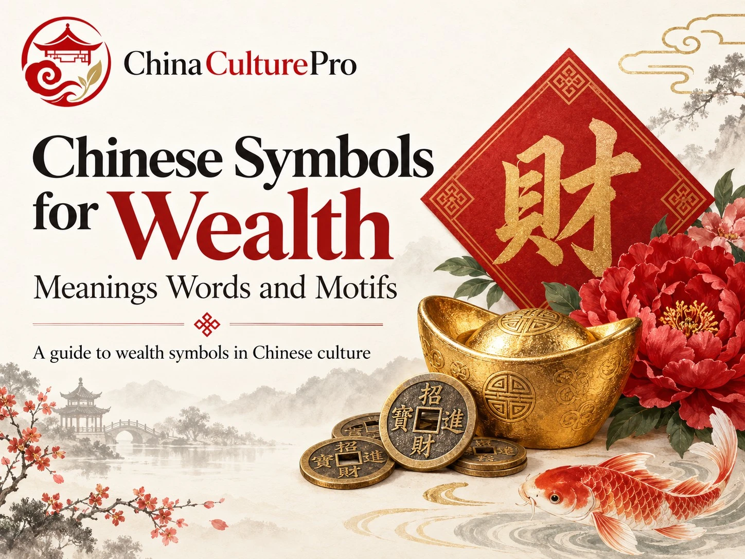 Symboles chinois de richesse significations mots et motifs avec calligraphie Cai lingots d’or pièces poissons et pivoines