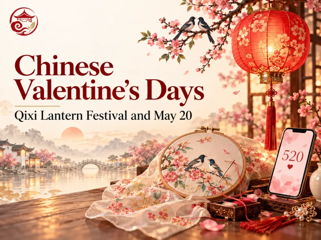 Hari Valentine di Tiongkok dengan lampion, bordir, dan ponsel yang menampilkan 520