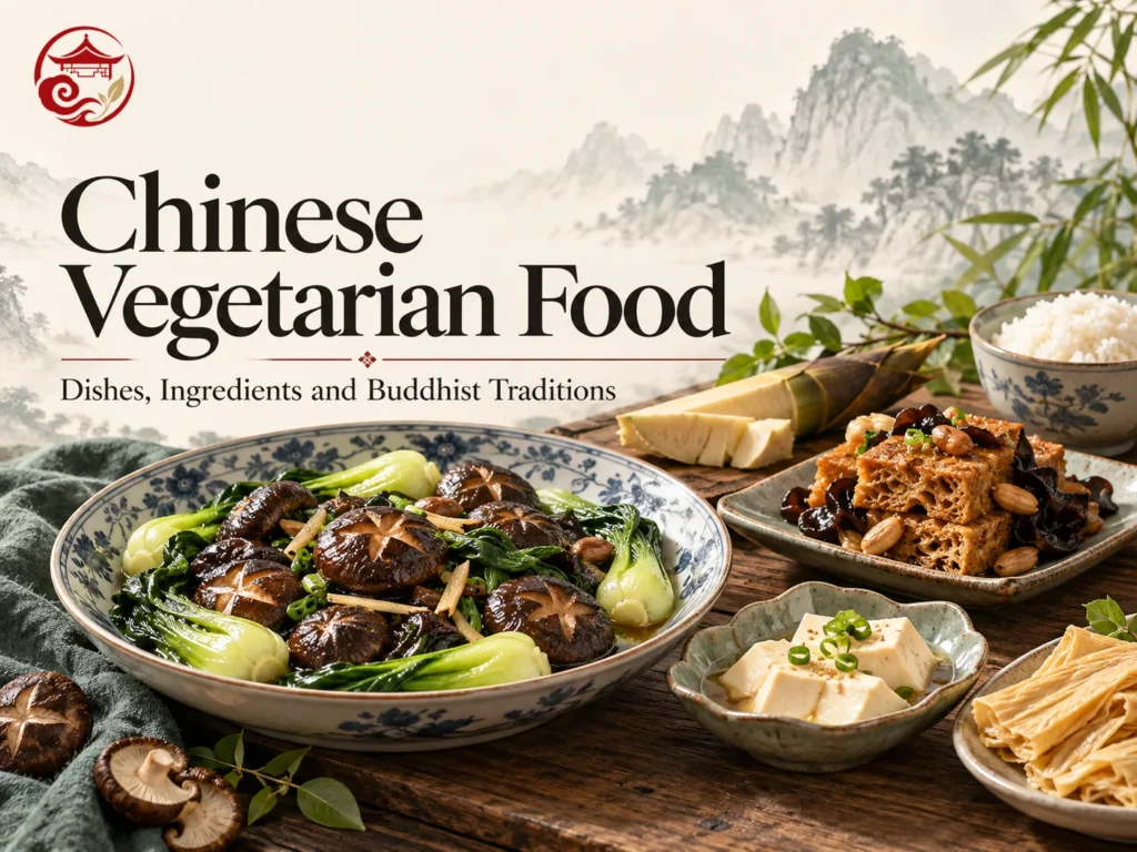 Chinese Vegetarian Food with Shiitake Greens Tofu Yuba and Braised Wheat Gluten