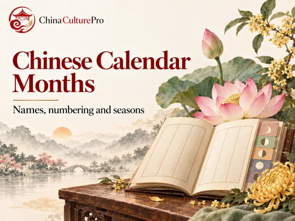 Chinese calendar months with lunar dates and seasonal flowers