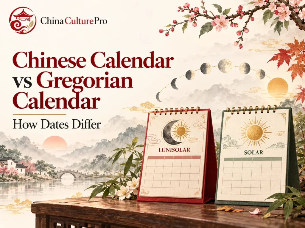 Chinese calendar vs Gregorian calendar with lunar and solar date cards