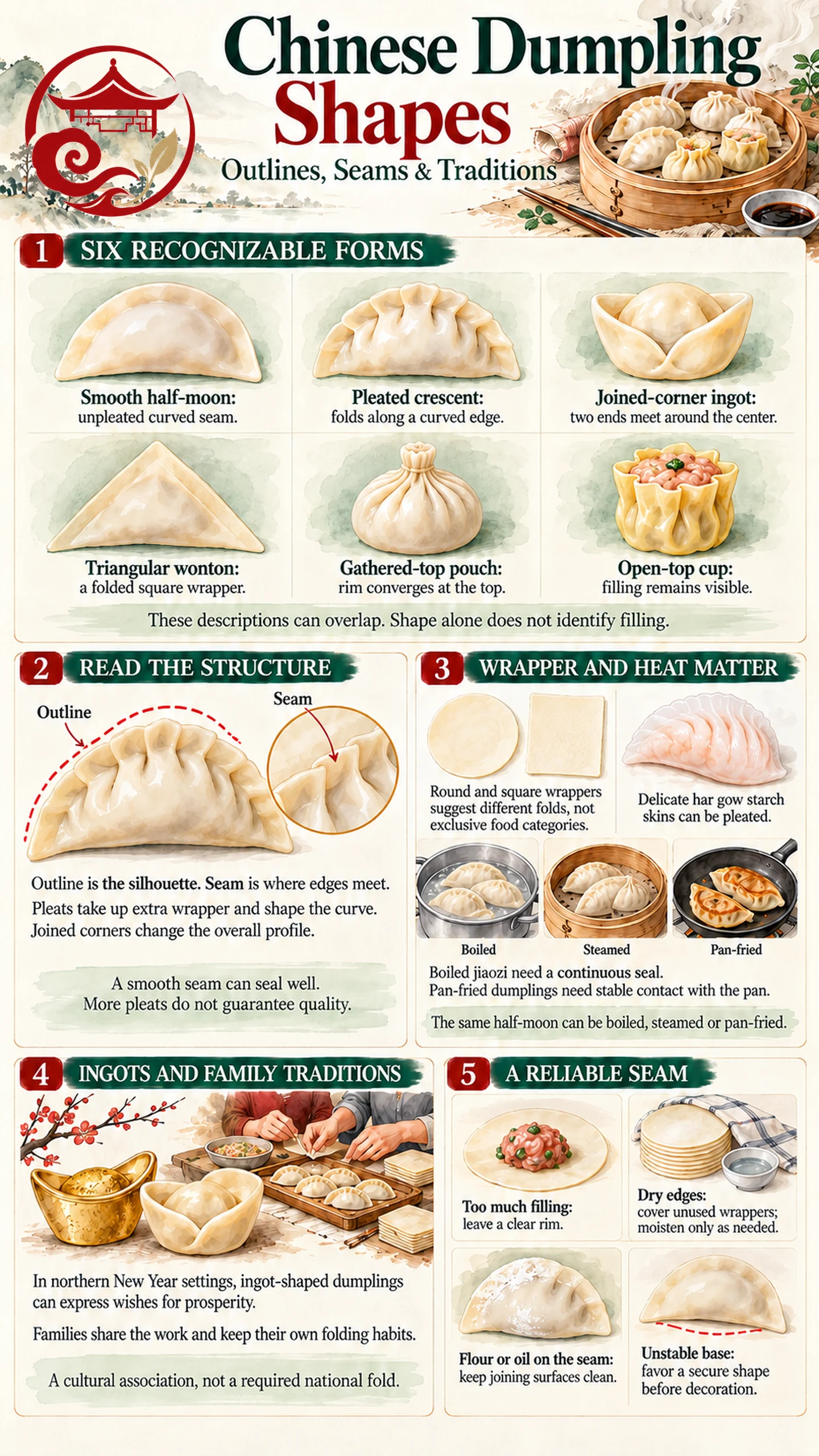 Bentuk dumpling Tionghoa dengan lipatan kulit dan fungsi budaya