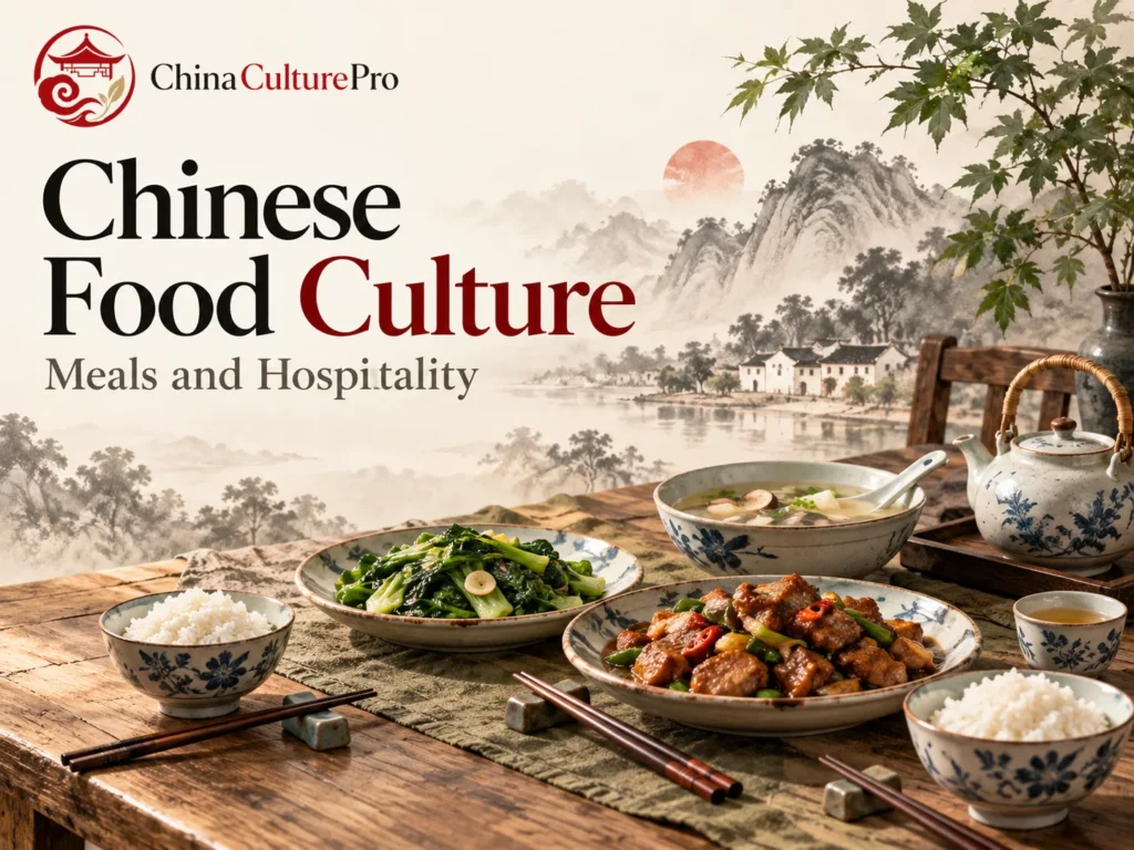 中国の食文化を示す大皿料理、飯碗、取り分け用の箸、お茶
