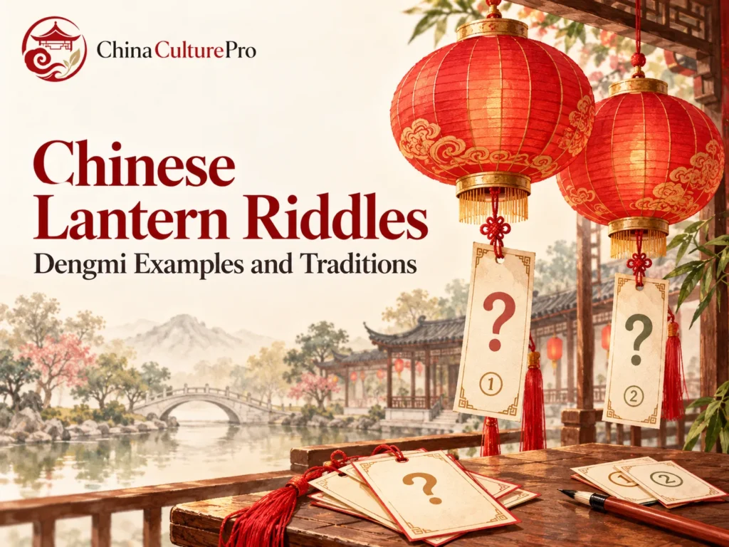 Chinese lantern riddles with hanging clue cards and an answer sheet