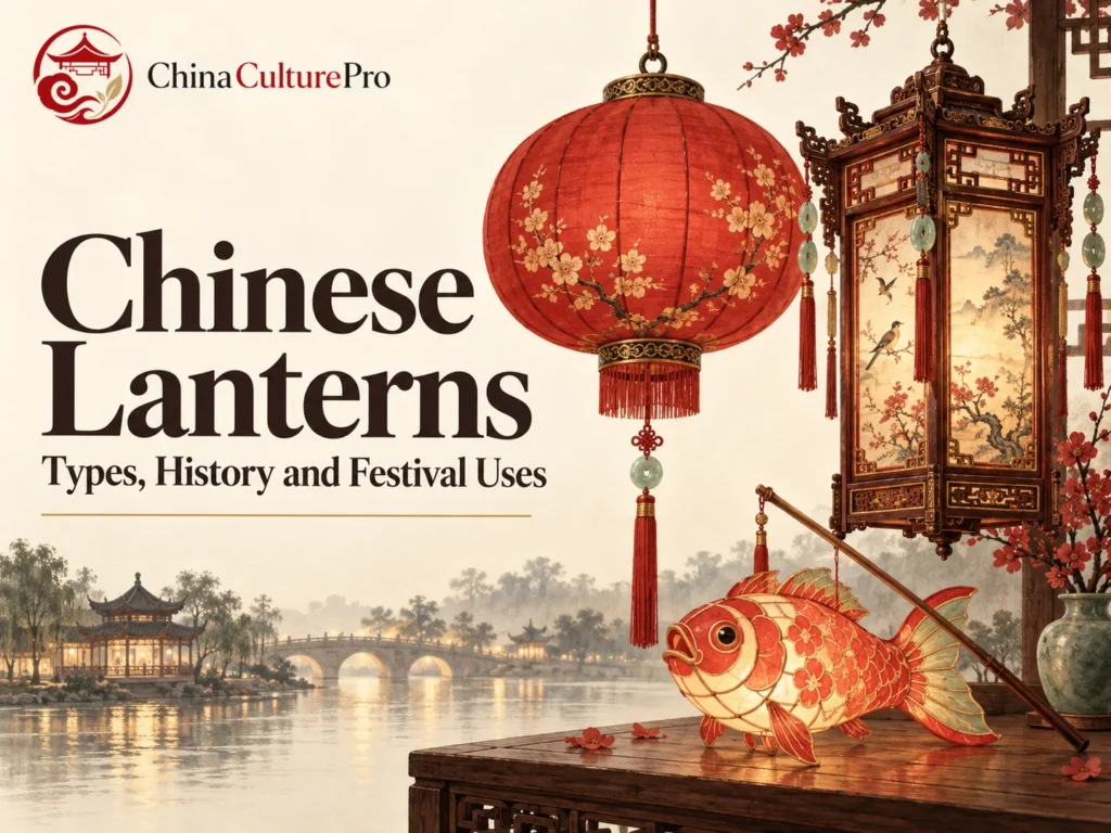Chinese lanterns with red hanging palace and fish shaped designs