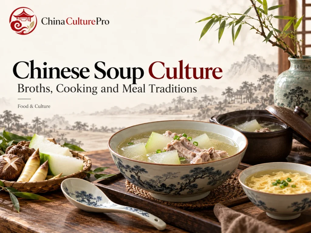 Culture des soupes chinoises avec bouillon à partager et récipient en céramique couvert