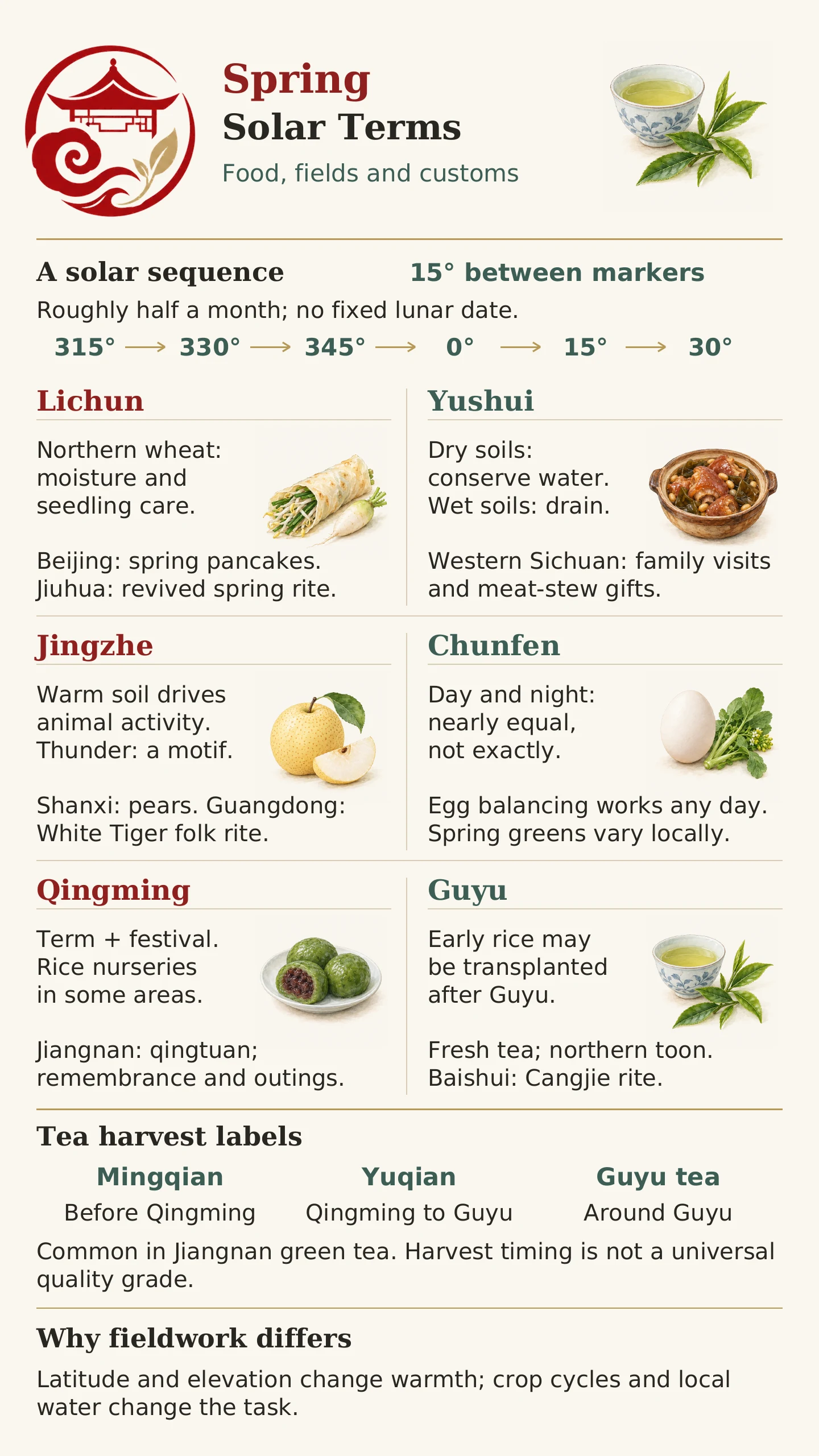 Chinese spring solar terms infographic with farming foods and regional customs Chinese spring solar terms infographic with farming foods and regional customs