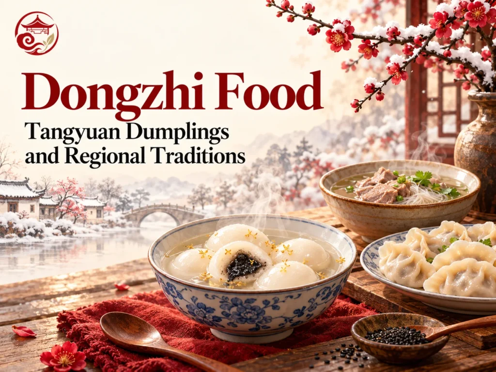 湯圓、餃子、湯気の立つ羊肉スープを並べた冬至の食卓
