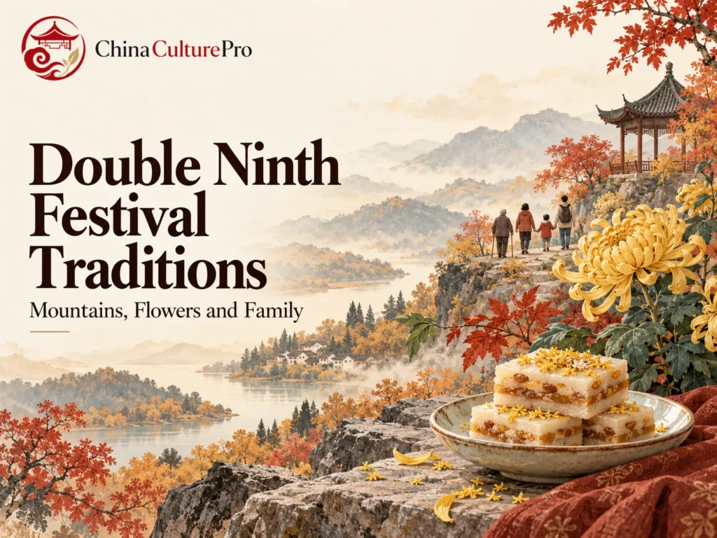 Tradisi Festival Chongyang dengan krisan, kue, dan pegunungan musim gugur