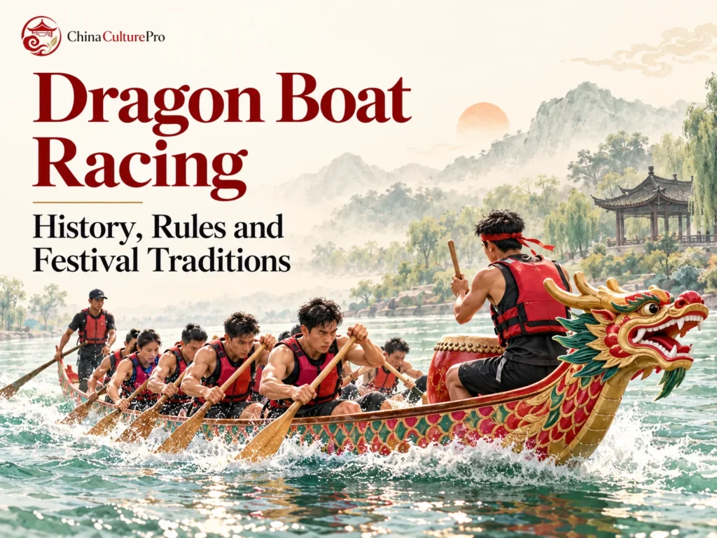 Balap perahu naga dengan pendayung penabuh drum dan pengemudi di sungai