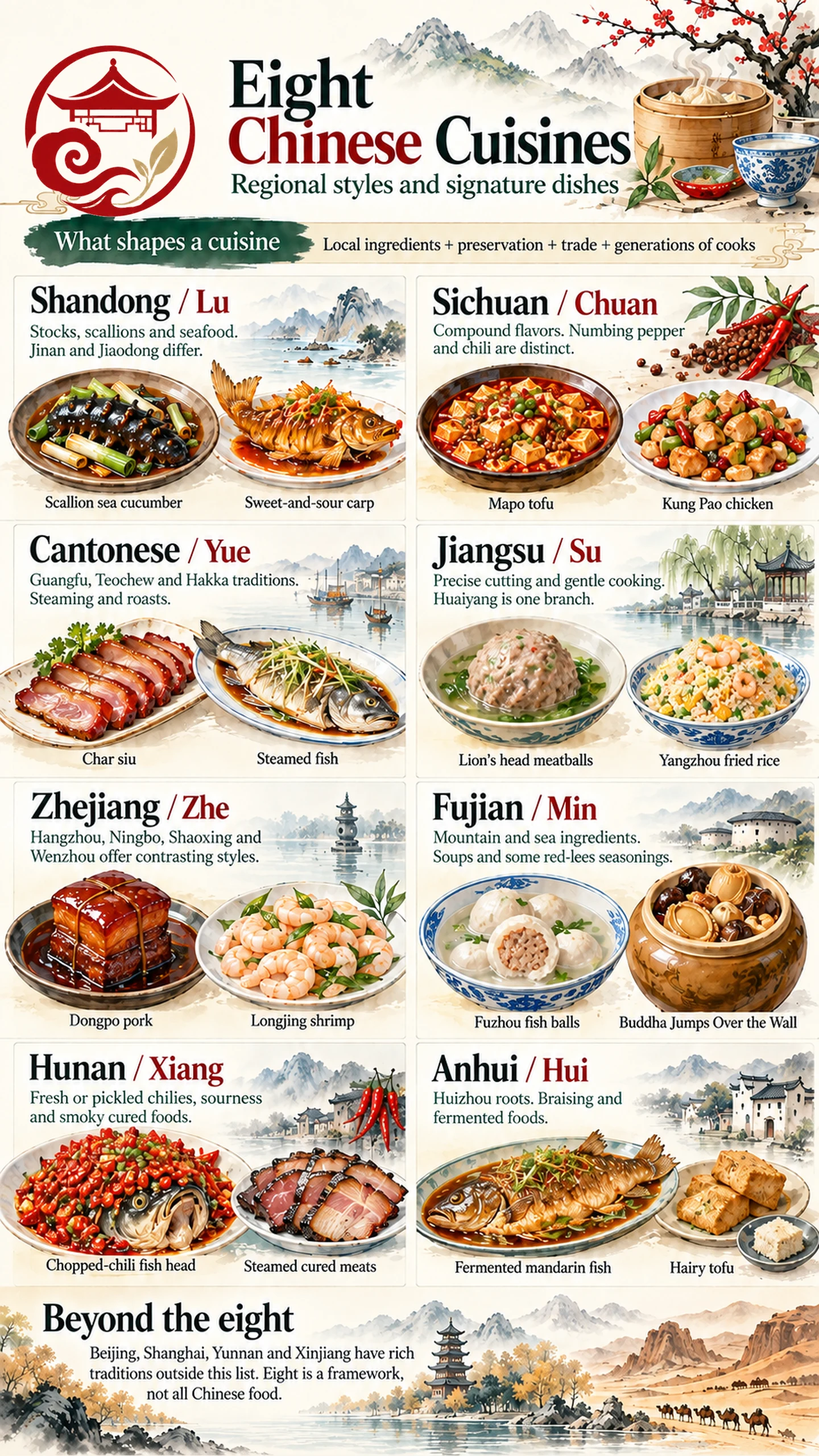 地域の味・技法・代表料理をまとめた中国八大菜系インフォグラフィック