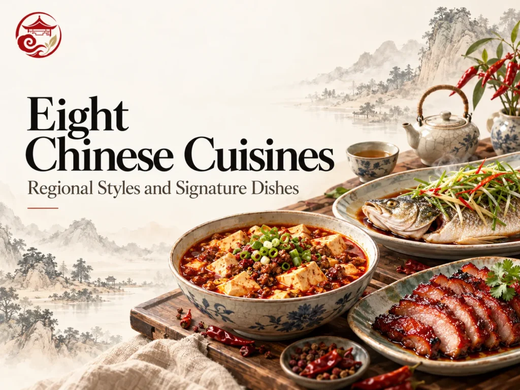 麻婆豆腐、叉焼、地域の代表料理を並べた中国八大菜系